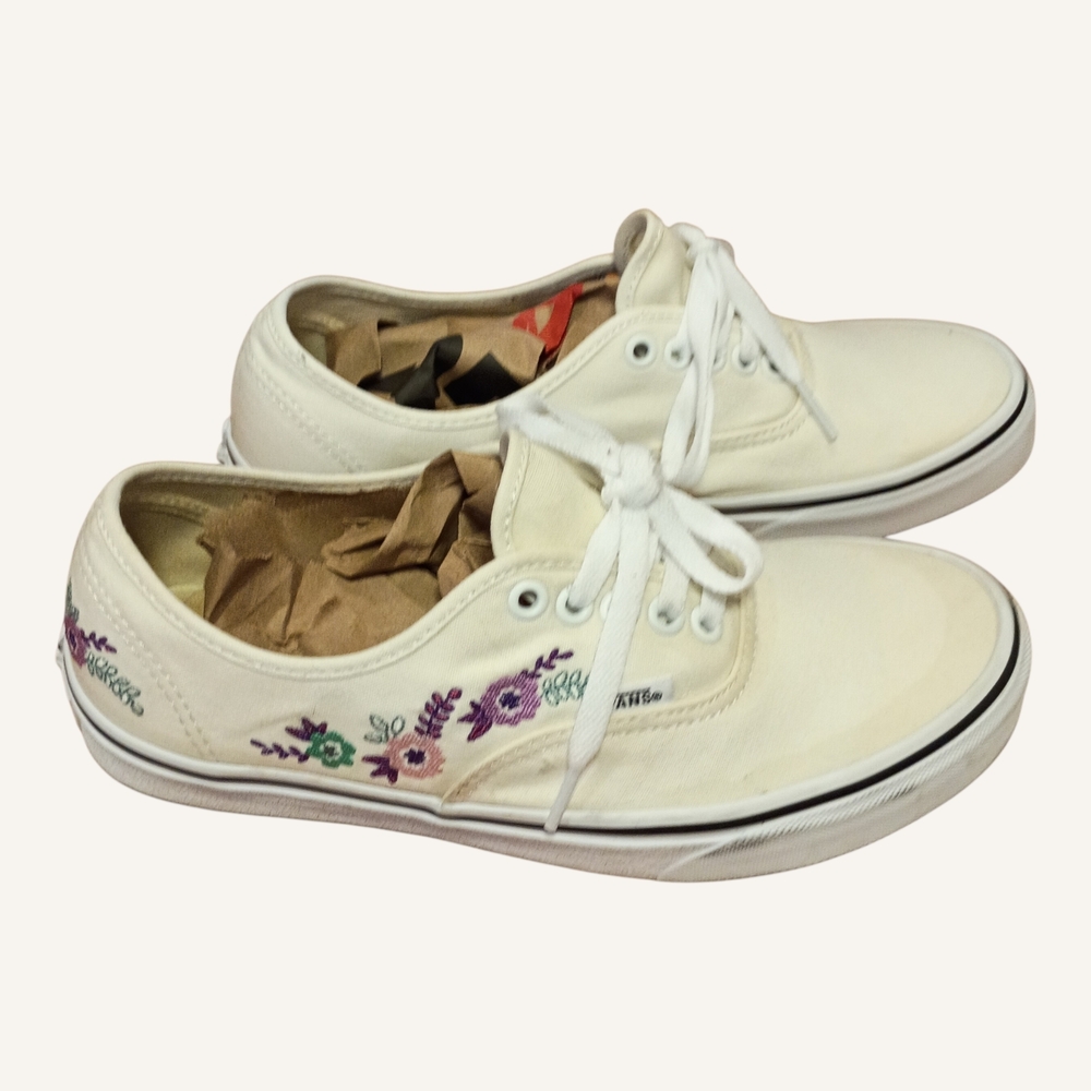Vans Cream Canvas Low-Top Sneakers with Purple & Green Floral Embroidery - Picture 2 of 9